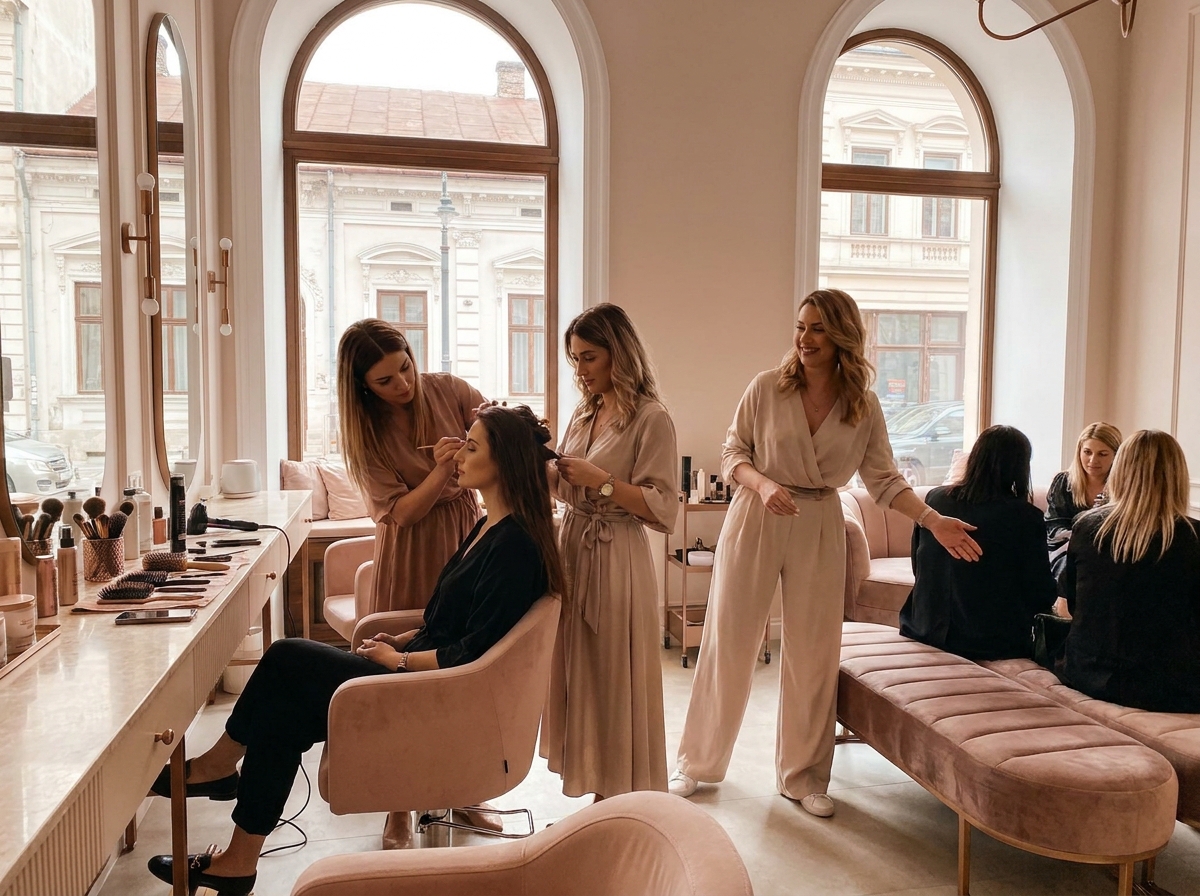 Interior salon cu produse profesionale și oglindă iluminată